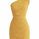 ZUT Matriarca mini dress in vibrant mango color, sleeveless and fitted, displayed on a hanger against a neutral background.