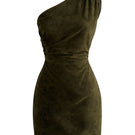 Olive green ZUT Matriarca mini dress displayed on a hanger, showcasing its stylish design and fabric texture.