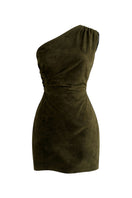 Olive green ZUT Matriarca mini dress displayed on a hanger, showcasing its stylish design and fabric texture.