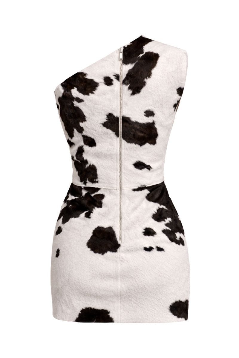 ZUT Matriarca mini dress in cowhide with stylish design, featuring a fitted silhouette and natural leather texture.