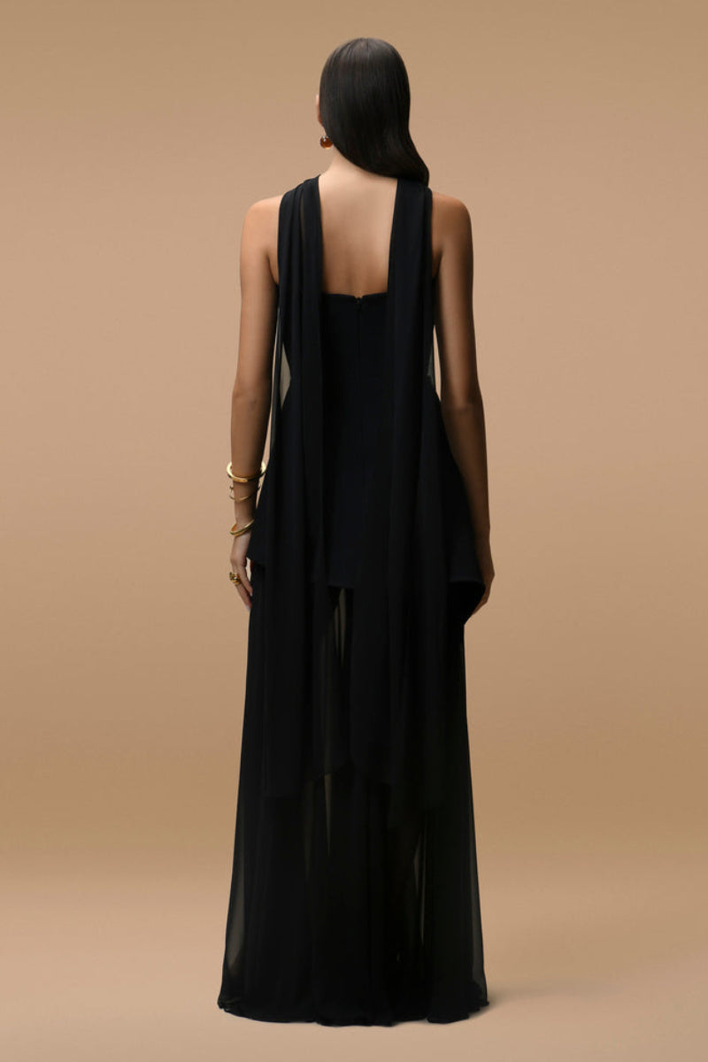 Matters Monaco black gown with matching scarf, elegant evening dress featuring a flowing design and sophisticated style.