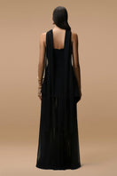 Matters Monaco black gown with matching scarf, elegant evening dress featuring a flowing design and sophisticated style.