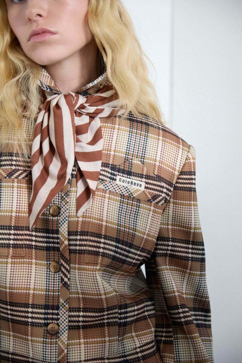 Brown checked plaid fitted trench coat from ColoReve, featuring classic design and tailored fit for stylish outerwear.