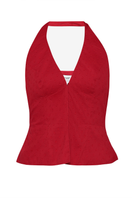 Summer Away RHEA cherry-colored top with a relaxed fit, featuring a V-neck and short sleeves, displayed on a plain background.