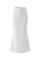White waistband midi skirt by Keira Tong, featuring a sleek, mid-length design with a fitted waist and smooth fabric.