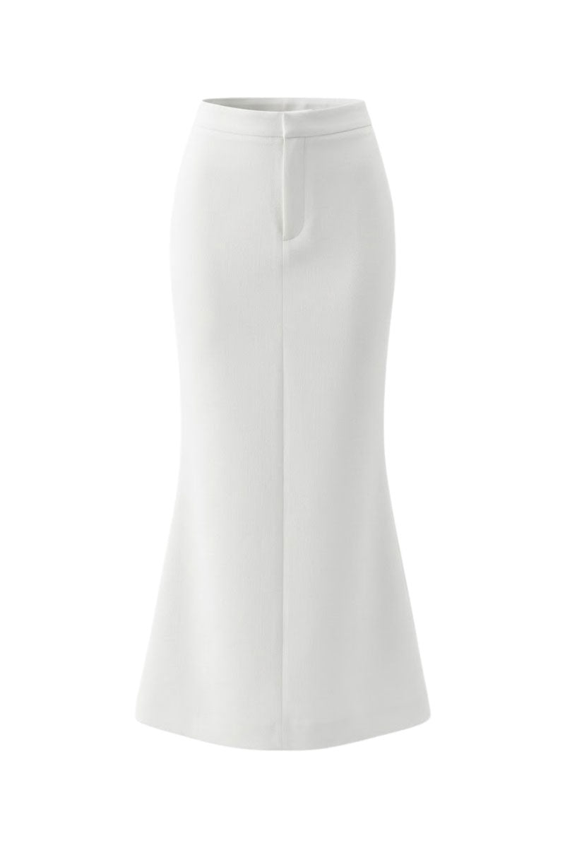 White waistband midi skirt by Keira Tong, featuring a sleek, mid-length design with a fitted waist and smooth fabric.