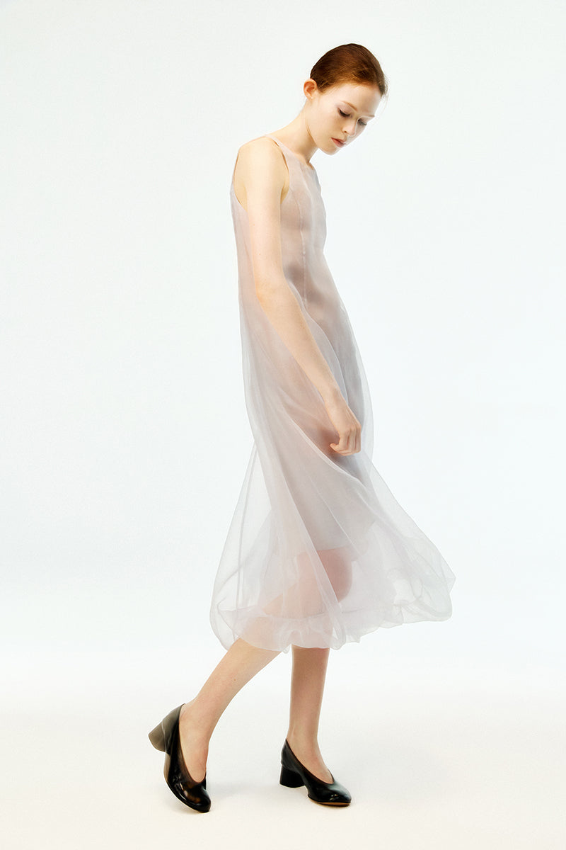 Chictopia smoke-colored organza midi dress with flowy fabric and elegant design, perfect for formal occasions or evening wear.