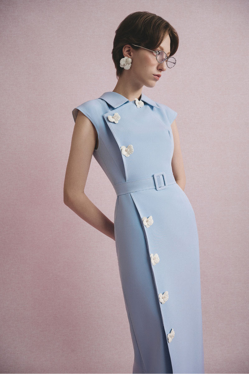 White Plan Serena belted midi dress featuring a fitted bodice, waist belt, and flowing skirt, perfect for elegant occasions.
