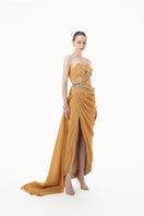 Elegant chartreuse gold heart-embellished draped gown by Happy Clothing featuring flowing fabric and intricate detailing.