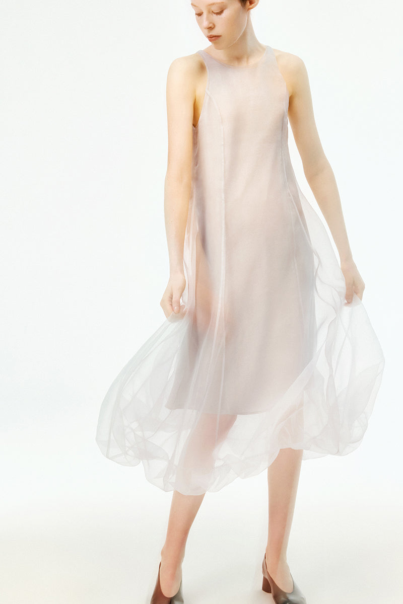 Chictopia smoke-colored organza midi dress with flowing fabric and elegant design, perfect for special occasions.