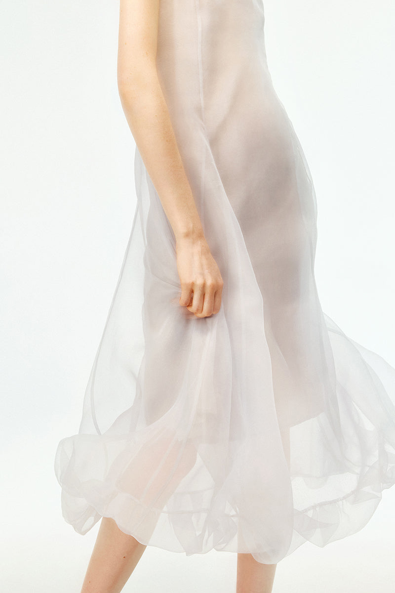 Chictopia smoke-colored organza midi dress with delicate sheer fabric, elegant design, and flowing silhouette.