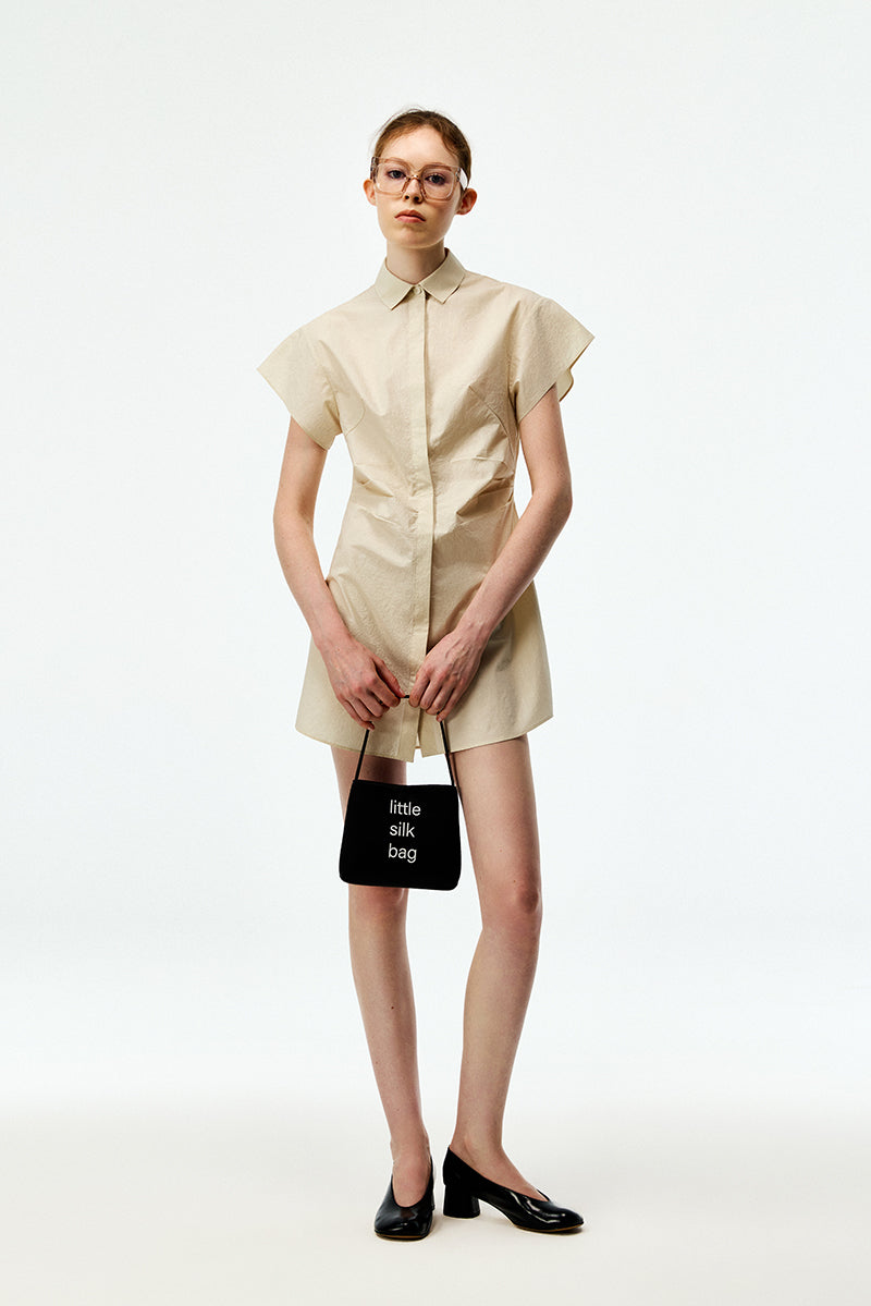 Chictopia stone poplin shirt dress, mini length with collar and button front, casual stylish women's dress.