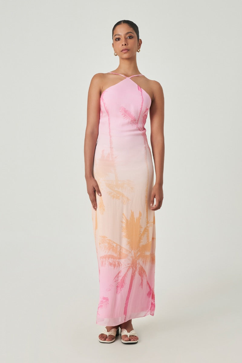 Summer Away Ronda Dress in Afterglow maxi dress featuring flowing fabric and vibrant color, perfect for summer occasions.