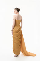 Elegant chartreuse gold heart-embellished draped gown by Happy Clothing, featuring a flowing silhouette and intricate detailing.