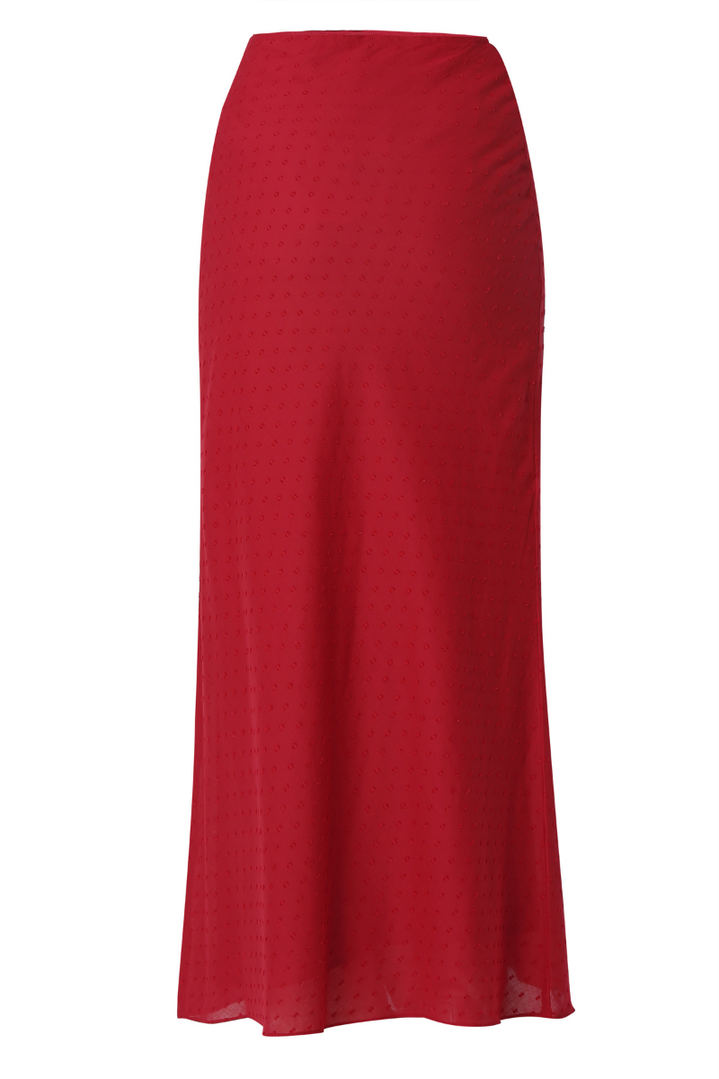 Summer Away Cefalù maxi skirt in cherry with flowing fabric and vibrant color, displayed on a hanger.