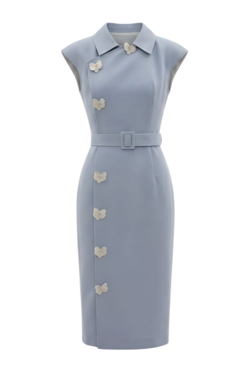 White Plan Serena belted midi dress featuring a fitted bodice, waist belt, and flowing skirt, displayed on a mannequin.