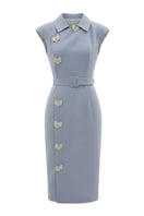 White Plan Serena belted midi dress displayed on a hanger with the belt tied at the waist, showcasing its elegant design.