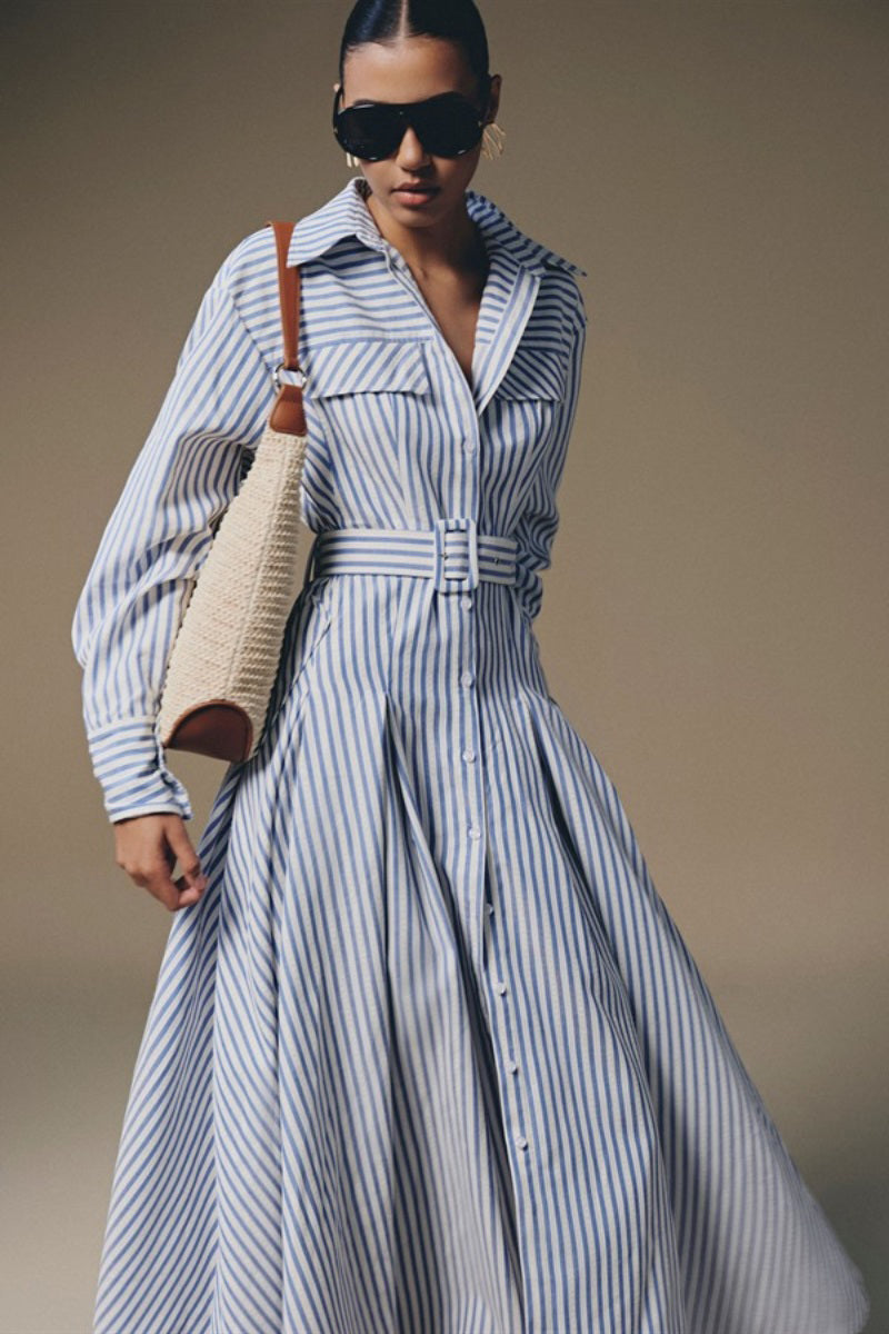 Keira Tong Thera Stripped Shirt Dress, a stylish maxi dress with a relaxed fit and button-front design, shown in the image.