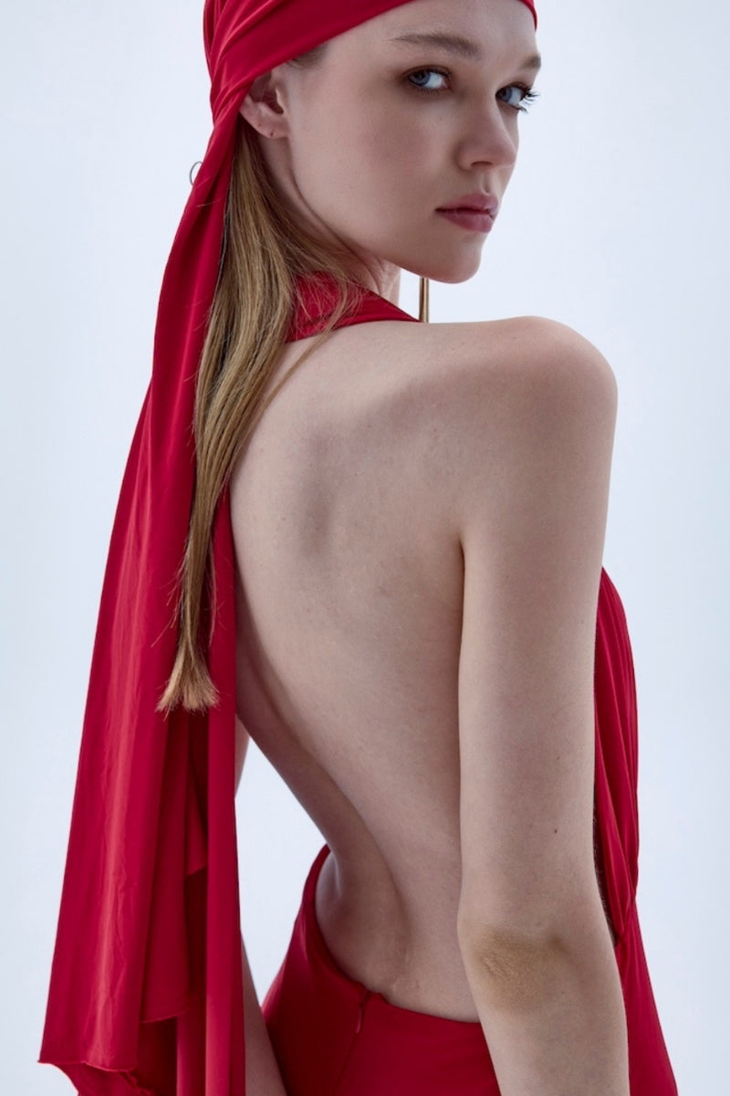Red INES Jersey Long Dress by Nazlı Ceren, a stylish maxi dress with a flowing silhouette and elegant neckline.