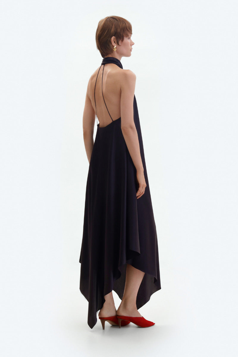 Black silk backless midi dress by ELENAREVA, featuring a sleek fit and elegant design perfect for formal occasions.