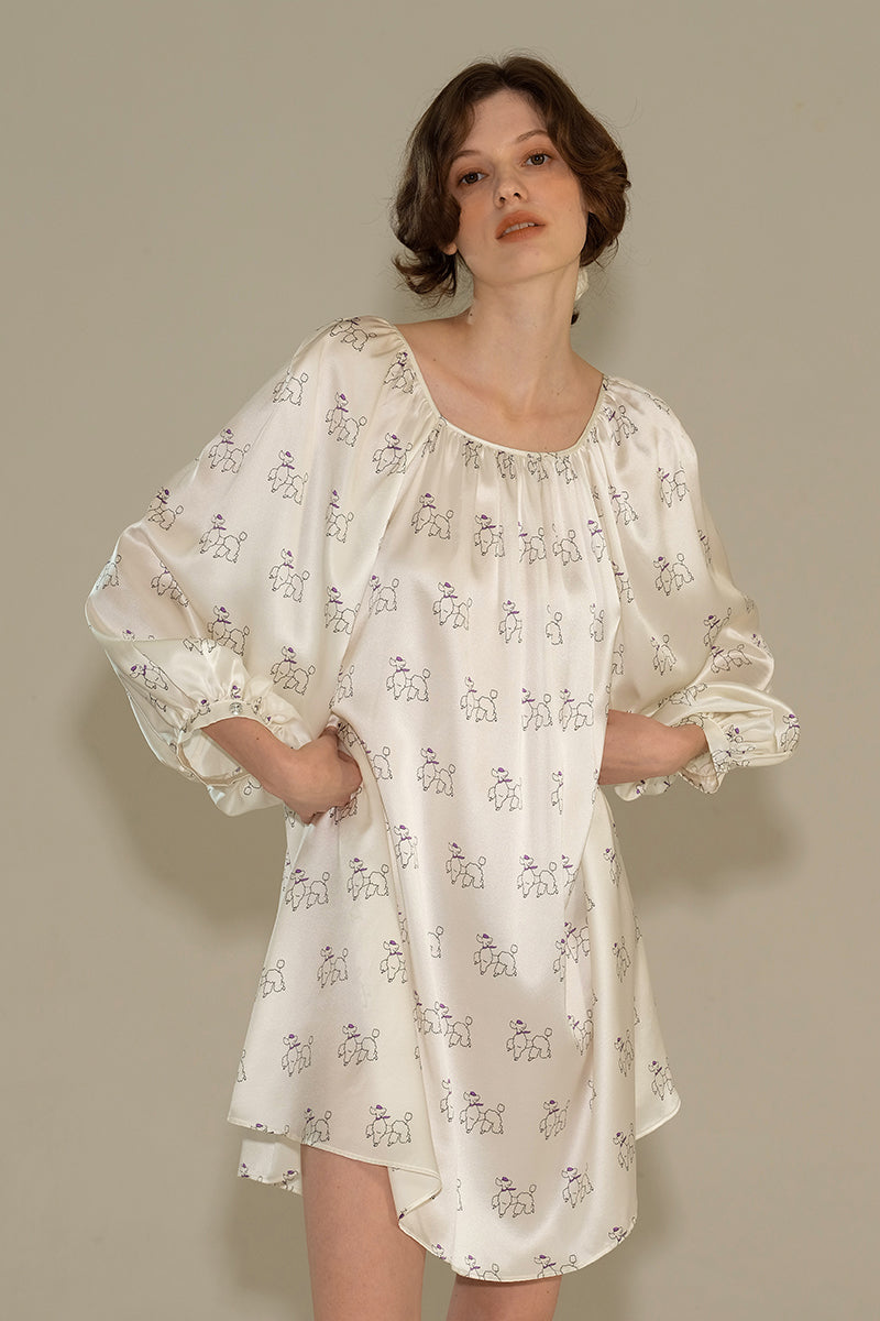 DIAMOND POODLES WHITE SILK PUFF SLEEVE DRESS - CULT MIA