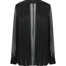Black silk chiffon shirt by LEKIEU, featuring delicate fabric and a relaxed fit, displayed on a hanger.