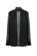 Black silk chiffon shirt by LEKIEU, featuring delicate fabric and a relaxed fit, displayed on a hanger.