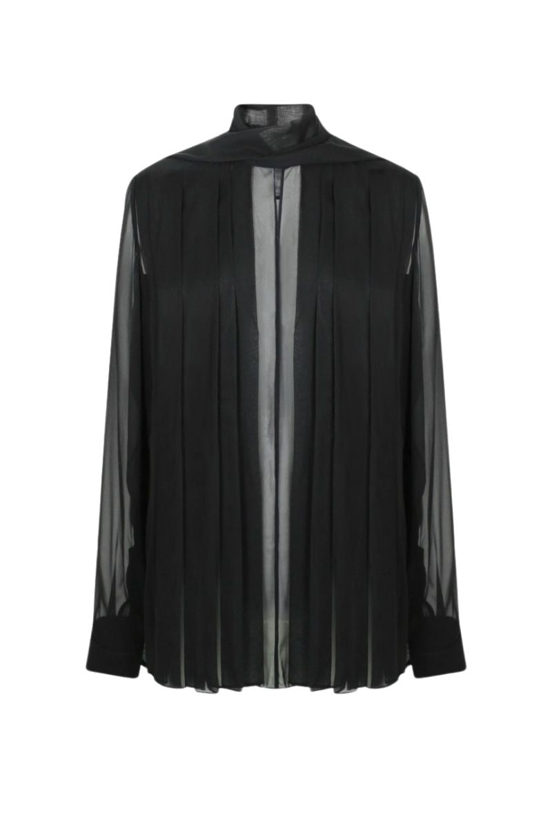 Black silk chiffon shirt by LEKIEU, featuring delicate fabric and a relaxed fit, displayed on a hanger.