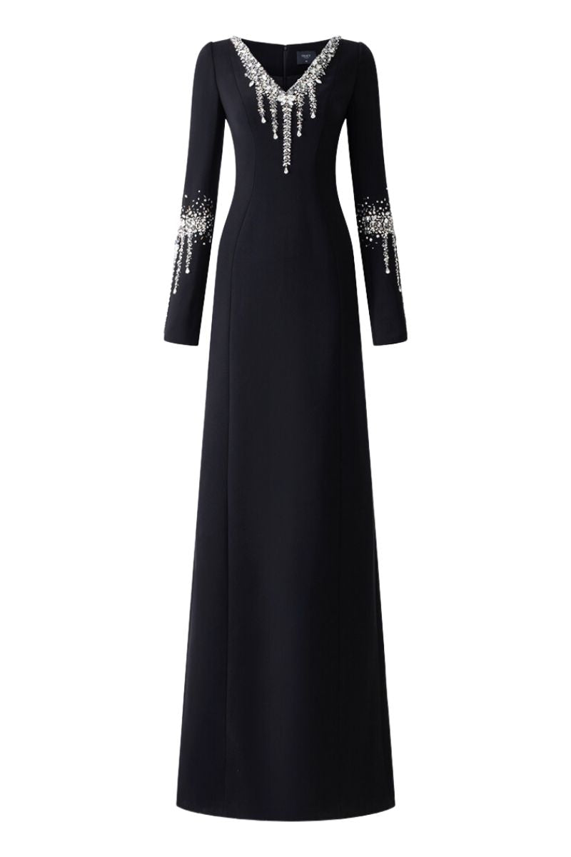 BLACK V-NECK BACK SLIT GOWN - CULT MIA