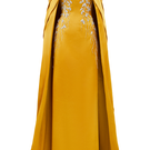 Elegant Tracy Studio gown featuring a curved draped off-shoulder design with long sleeve cape, perfect for formal occasions.