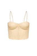 Estefania love corset in sand color, stylish tops with fitted design and adjustable straps, displayed on a mannequin.