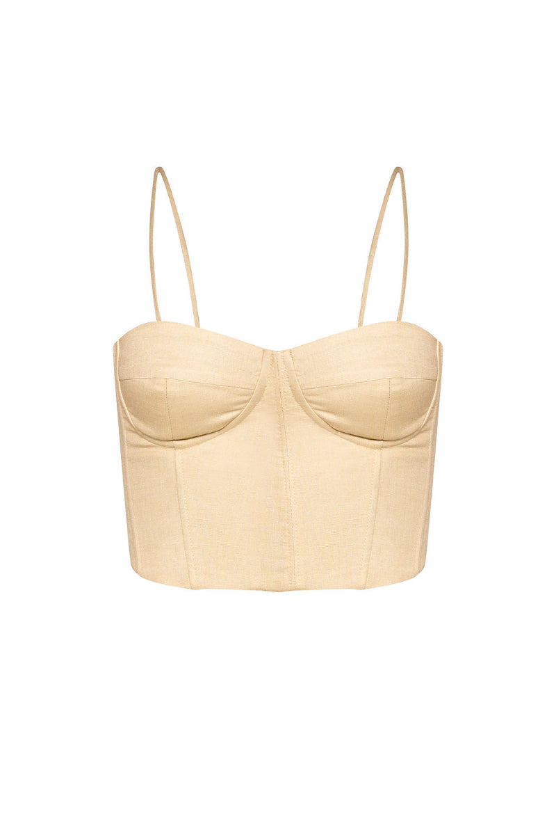 Estefania love corset in sand color, stylish tops with fitted design and adjustable straps, displayed on a mannequin.