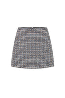 Valenciani multicolor tweed mini skirt with a fitted waistband and classic mini length, showcasing vibrant, textured fabric.