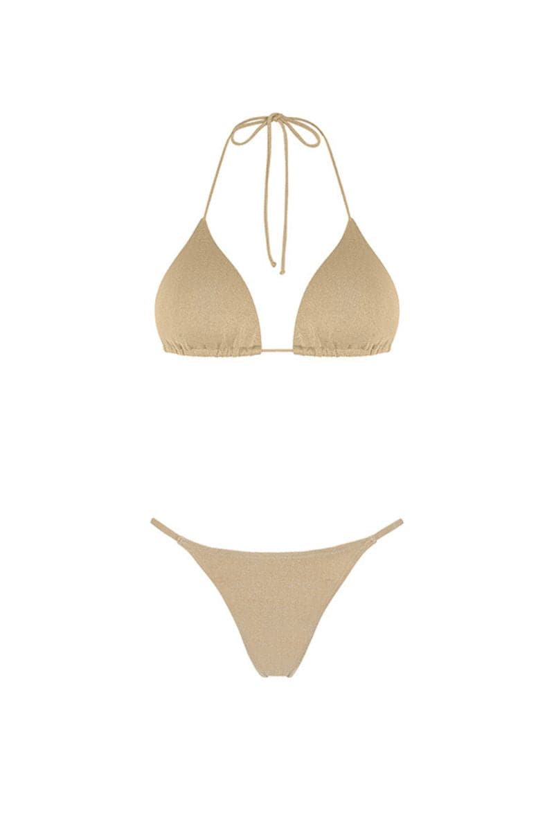Aguaclara DOREE triangle bikini top and string bikini bottom in vibrant colors, laid flat on a white background.