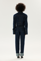 LARETAGGIO HERO mid waist straight leg denim jeans, showing front view with classic blue denim and subtle stitching details.