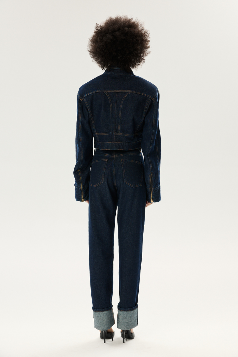 LARETAGGIO HERO mid waist straight leg denim jeans, showing front view with classic blue denim and subtle stitching details.
