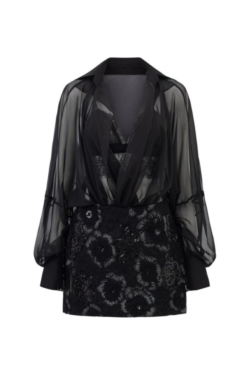 Edana black silk pleated co-ord set by 21Six featuring a stylish top and matching skirt with elegant pleats.