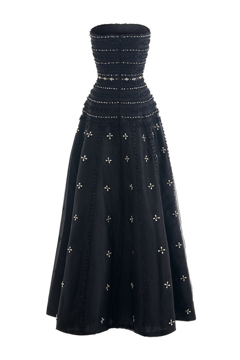 HAPPY CLOTHING CULT MIA X black terry strapless gown with stone organza fabric, elegant and flowing evening dress.