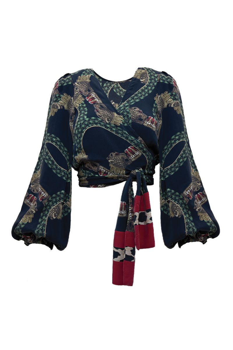 NiLuu Maia wrap top in Dion fabric, stylish women's tops with a fitted design and elegant wrap detail.
