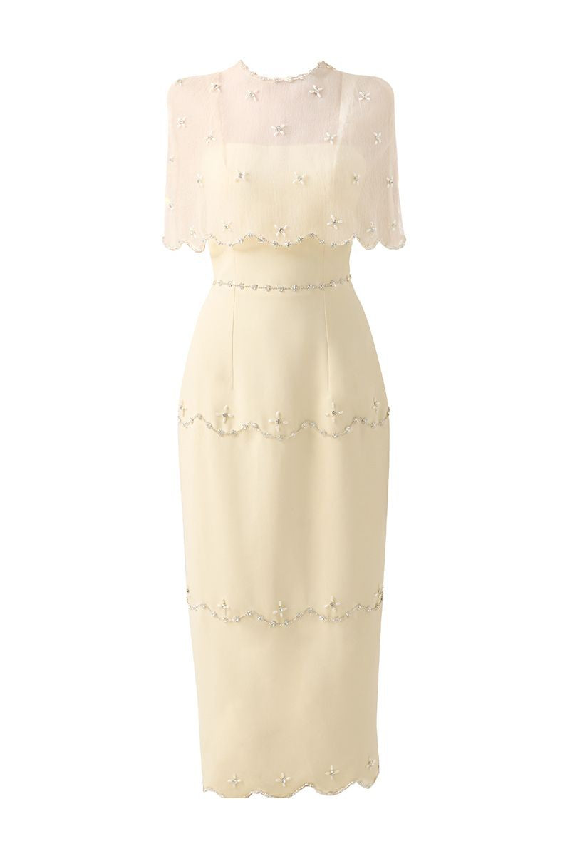 BEIGE SHEATH ROUND NECK MESH TAFFETA DRESS - CULT MIA