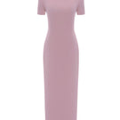 LEKIEU NIMES pink midi dress, stylish and flowy, shown hanging on a wooden hanger with a soft background.