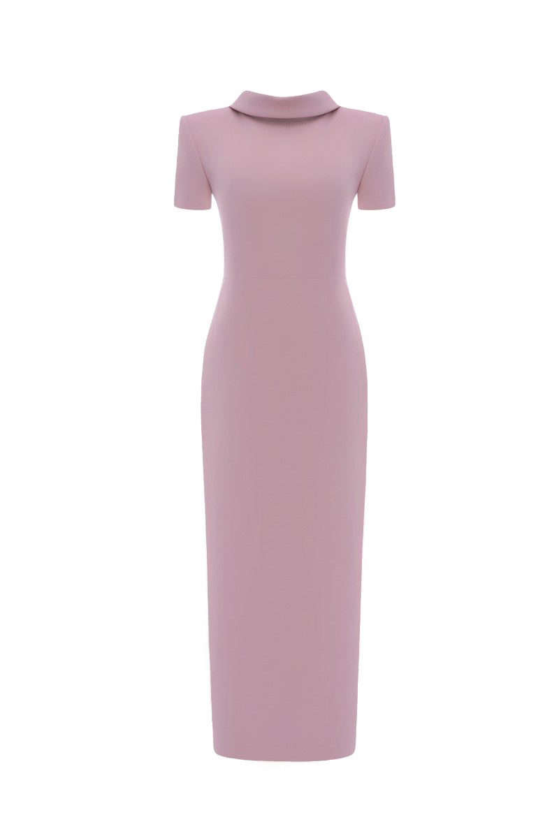 LEKIEU NIMES pink midi dress, stylish and flowy, shown hanging on a wooden hanger with a soft background.