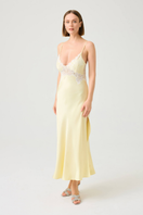 Bocan Couture Caroline long rayon nightgown with butter yellow lace, featuring a flowy design and delicate lace details.