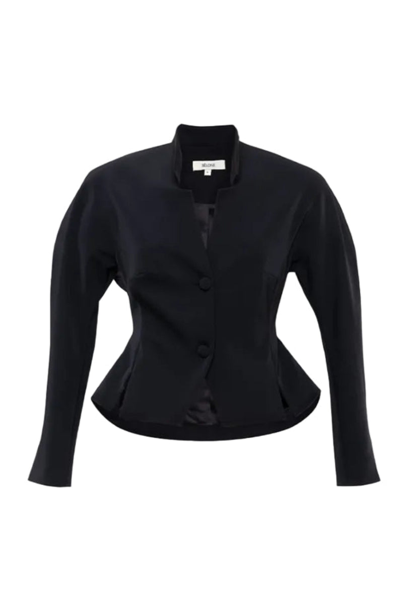 Black SÉLONE ELEN SCULPT blazer, tailored fit with structured design, shown on a model.