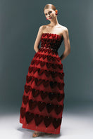 HAPPY CLOTHING CULT MIA X burgundy gown with embellished heart motif, elegant long dress with detailed embroidery.