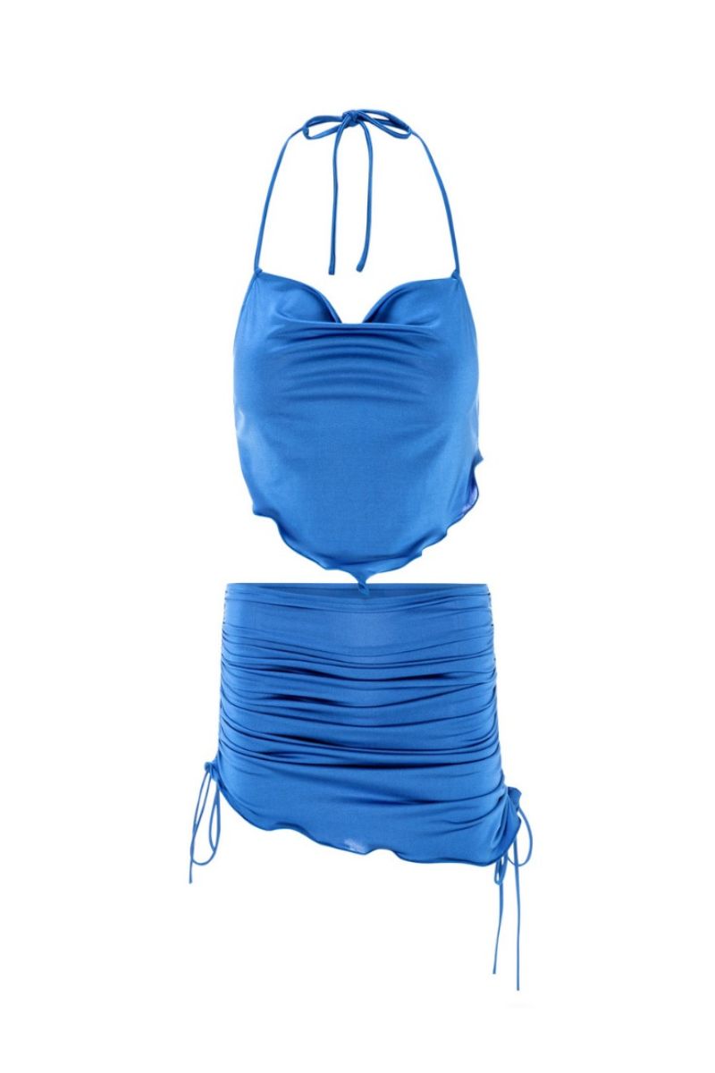 Suncillo Alessia ocean blue co-ords set featuring a stylish matching top and pants laid flat on a white background.
