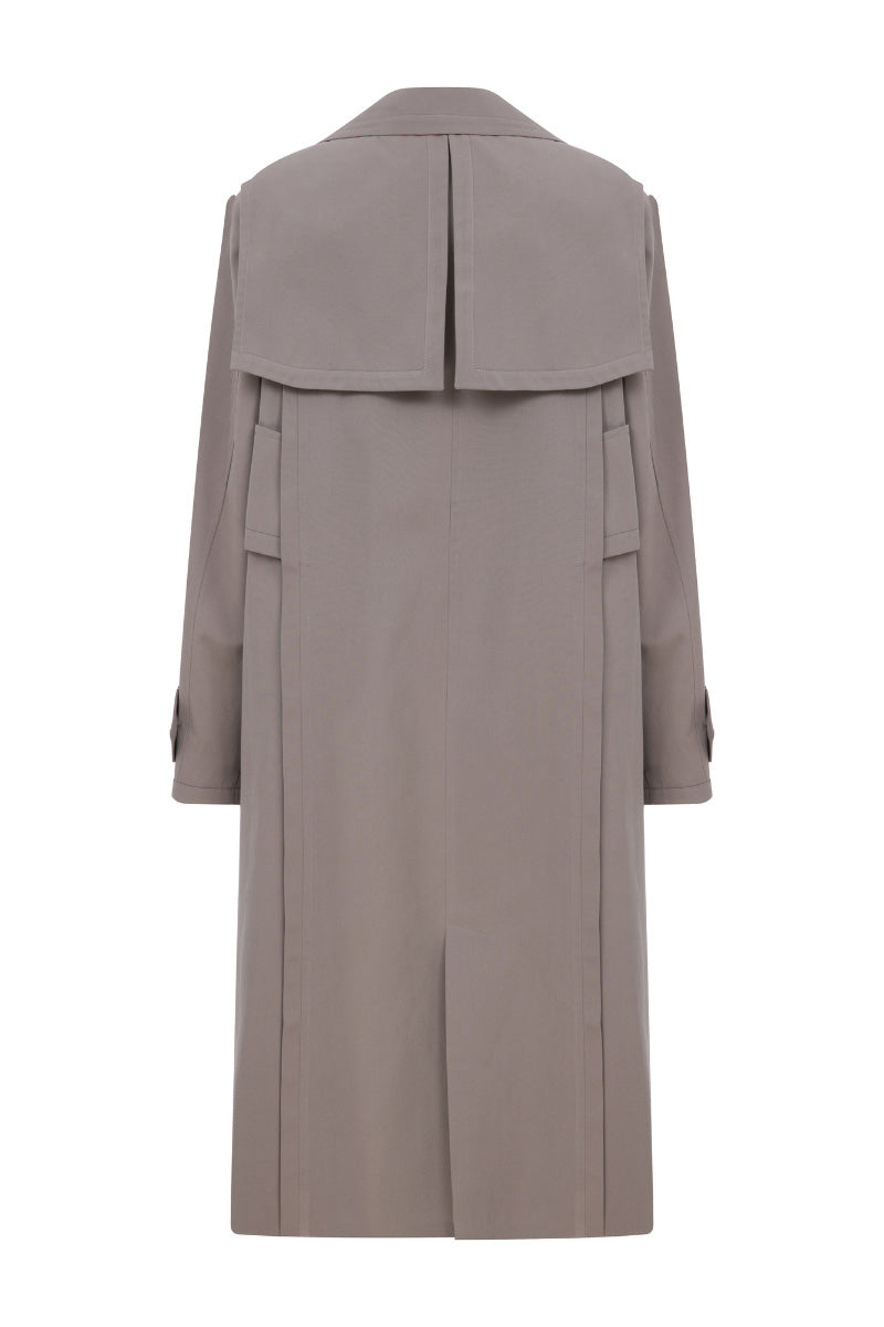 Gray ColoReve trench coat jacket with classic design, shown hanging on a hanger with a smooth fabric finish.