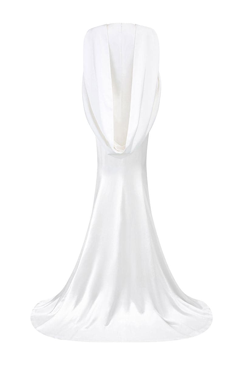 V-NECK MULLET GOWN WITH PLEATED CAPE - CULT MIA