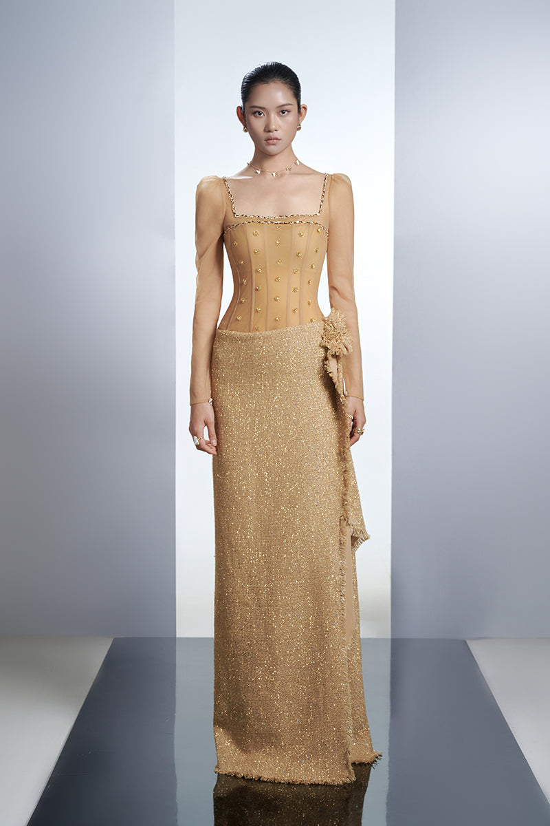 CRYSTAL BODYCON TWEED MAXI DRESS IN BEIGE - CULT MIA