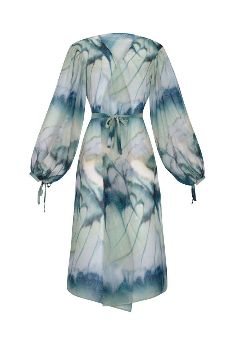 Nelblu kimono cover-up in sage print featuring lightweight fabric and relaxed fit, perfect for beach or casual wear.